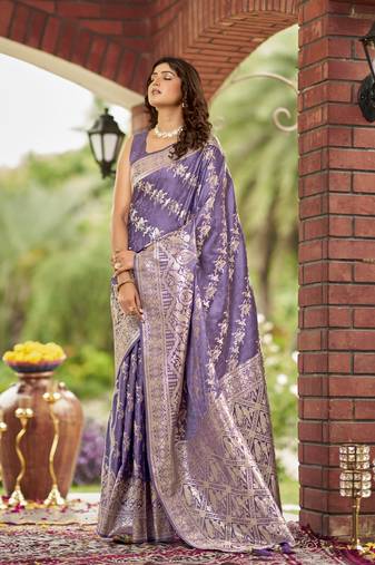 lavender purple satin Silk Blend woven jacquard work saree with blouse piece