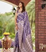 lavender purple satin Silk Blend woven jacquard work saree with blouse piece