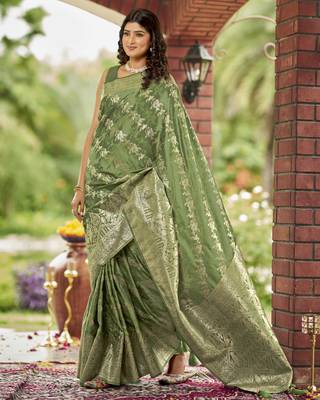 olive green satin Silk Blend woven jacquard work saree with blouse piece 1
