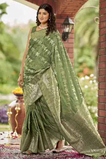 olive green satin Silk Blend woven jacquard work saree with blouse piece