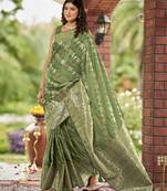 olive green satin Silk Blend woven jacquard work saree with blouse piece