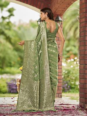 olive green satin Silk Blend woven jacquard work saree with blouse piece 3