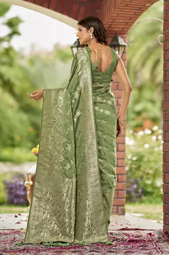 olive green satin Silk Blend woven jacquard work saree with blouse piece