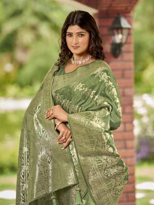 olive green satin Silk Blend woven jacquard work saree with blouse piece 4