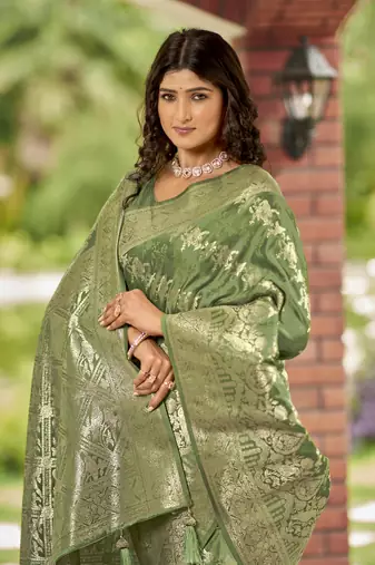 olive green satin Silk Blend woven jacquard work saree with blouse piece