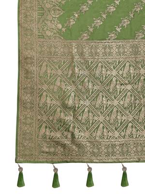 olive green satin Silk Blend woven jacquard work saree with blouse piece 6