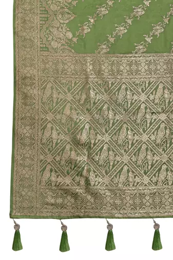 olive green satin Silk Blend woven jacquard work saree with blouse piece