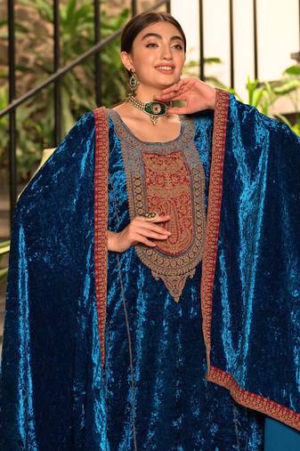 Unstitched Blue Designer Velvet Pakistani Suit Set