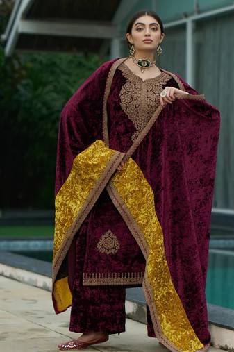 Unstitch Maroon Designer Velvet Pakistani Suit Set