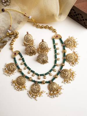Gold plated green onyx filigree necklace set 1