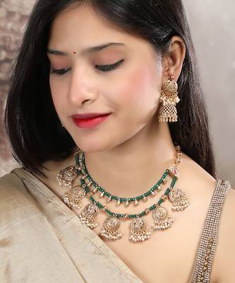 Gold plated green onyx filigree necklace set 2