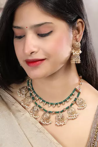 Gold plated green onyx filigree necklace set