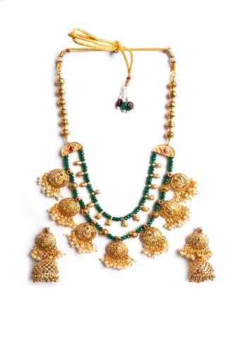 Gold plated green onyx filigree necklace set