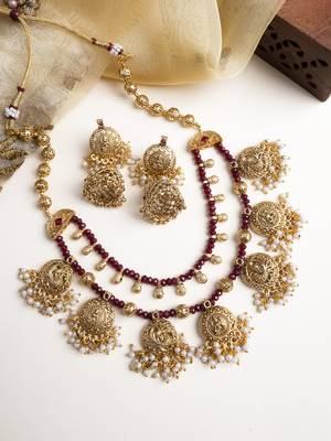 Gold plated red onyx filigree necklace set 1