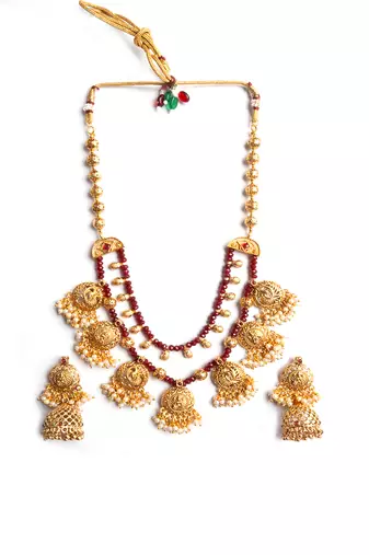 Gold plated red onyx filigree necklace set