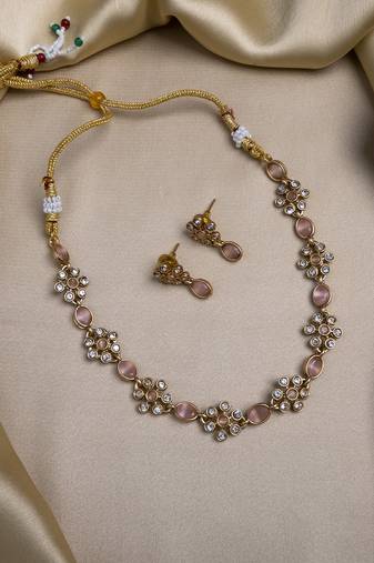 Gold plated pink kemp flower necklace set