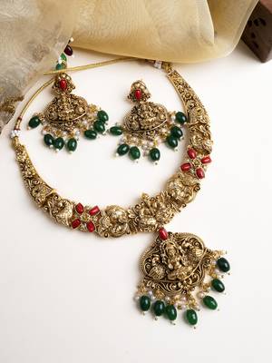 Antique finish laxmi necklace set with green droplets 1