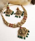 Antique finish laxmi necklace set with green droplets