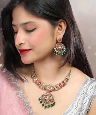Antique finish laxmi necklace set with green droplets 2