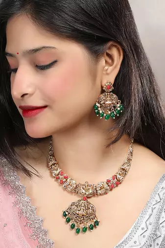Antique finish laxmi necklace set with green droplets