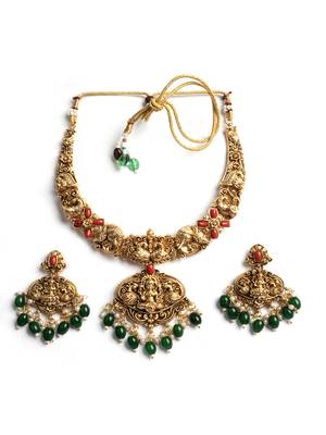 Antique finish laxmi necklace set with green droplets 3