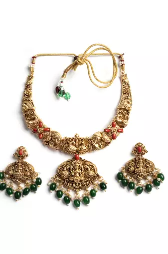 Antique finish laxmi necklace set with green droplets