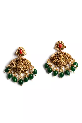 Antique finish laxmi necklace set with green droplets