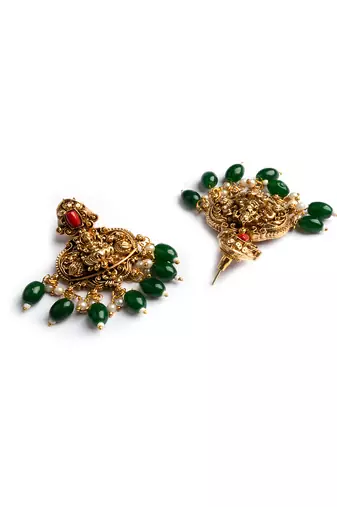 Antique finish laxmi necklace set with green droplets