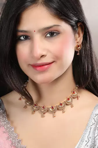 Gold plated red kemp half moon necklace set