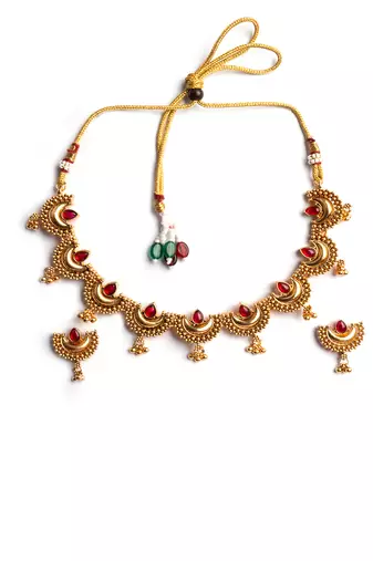 Gold plated red kemp half moon necklace set