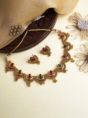 Gold plated red green half moon necklace set 1