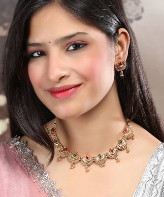 Gold plated red green half moon necklace set 2
