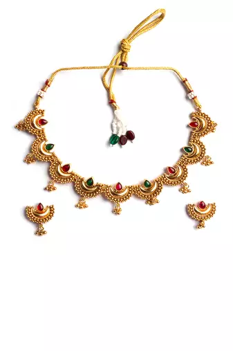 Gold plated red green half moon necklace set