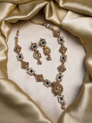 Gold plated sleek green peacock necklace set 1