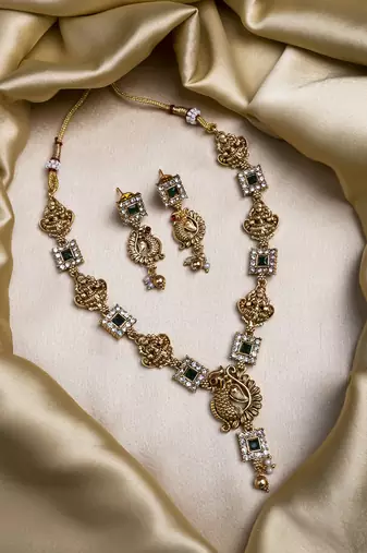 Gold plated sleek green peacock necklace set