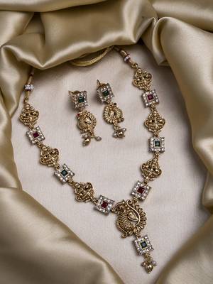Gold plated sleek multicolor peacock necklace set 1