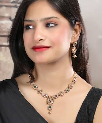 Gold plated sleek multicolor peacock necklace set 2