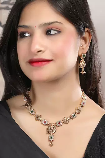 Gold plated sleek multicolor peacock necklace set