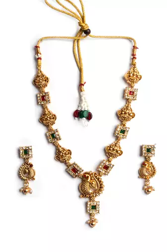 Gold plated sleek multicolor peacock necklace set