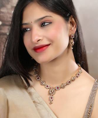 Gold plated sleek red peacock necklace set 2
