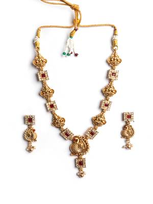 Gold plated sleek red peacock necklace set 3