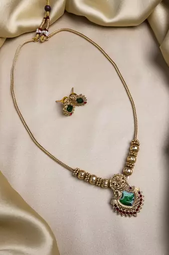 Gold plated green meenakari and beads necklace set