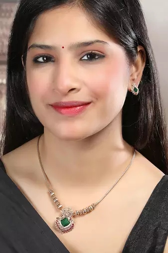Gold plated green meenakari and beads necklace set