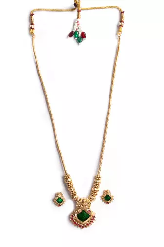 Gold plated green meenakari and beads necklace set