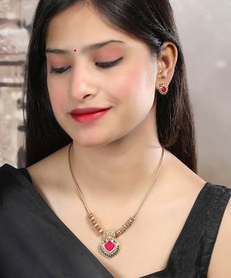 Gold plated red meenakari and beads necklace set 2