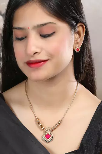 Gold plated red meenakari and beads necklace set