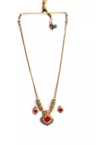 Gold plated red meenakari and beads necklace set