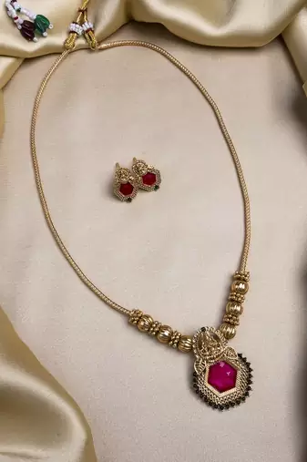Red meenakari and beads necklace set