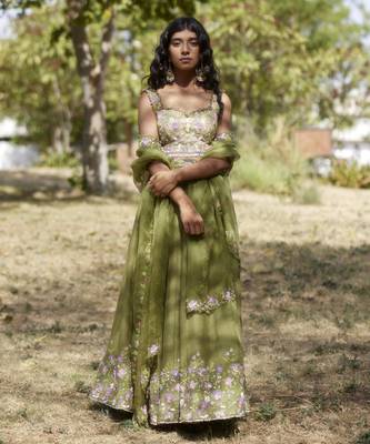 olive organza embroidered Lehenga 1