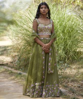 olive organza embroidered Lehenga 2